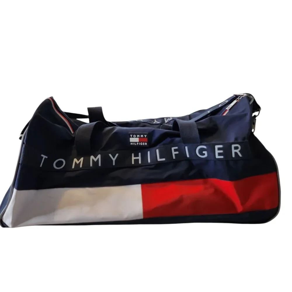 Vintage Tommy Hilfiger Duffle Bag Spellout Color Block 24” Weekender Gym w/Strap